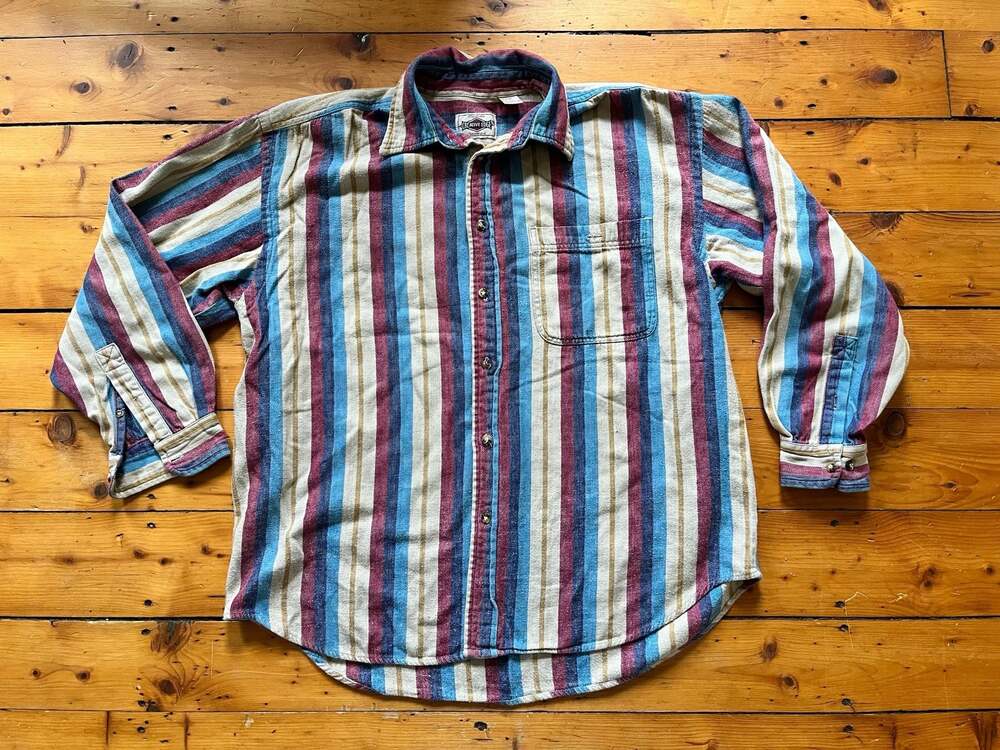 Vtg 90s Creative Edge Multicolor Vertical Striped Long Sleeve Button Down Shirt